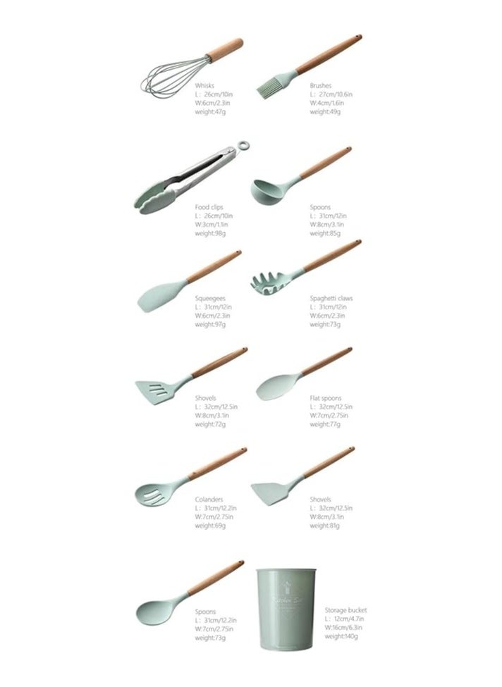 Silicone - 12 Piece Silicone Kitchen Utensils Set, Heat Resistant Spatula, Wooden Spatulas, Non-Stick Cooking Utensils (Light Green) - Image 1