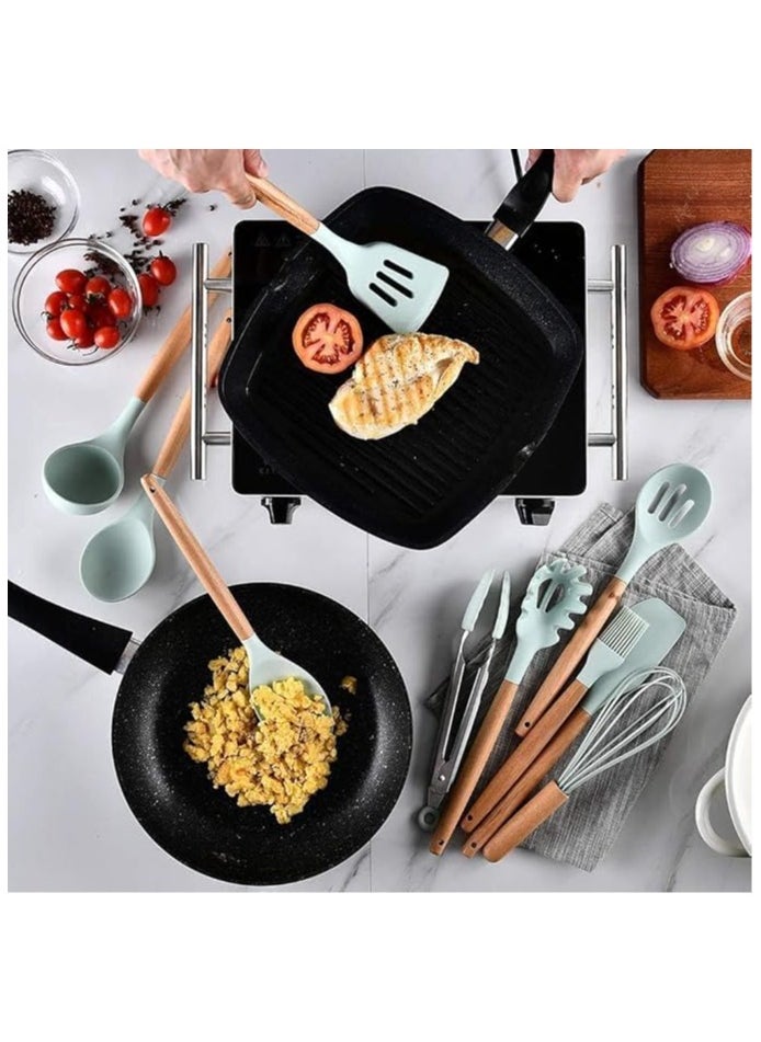 Silicone - 12 Piece Silicone Kitchen Utensils Set, Heat Resistant Spatula, Wooden Spatulas, Non-Stick Cooking Utensils (Light Green) - Image 1