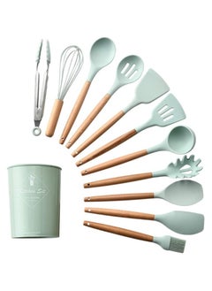12 Piece Silicone Kitchen Utensils Set, Heat Resistant Spatula, Wooden Spatulas, Non-Stick Cooking Utensils (Light Green)