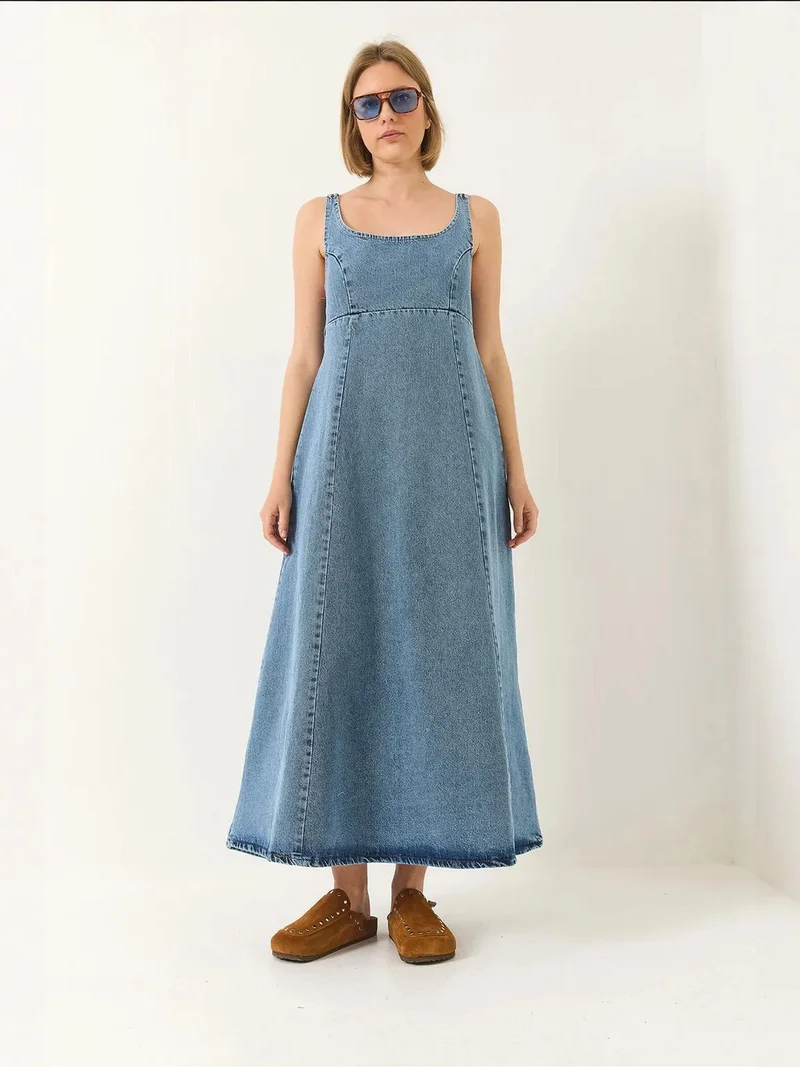 Bianco Lucci LUCCI Maxi Denim Dress with Square Collar