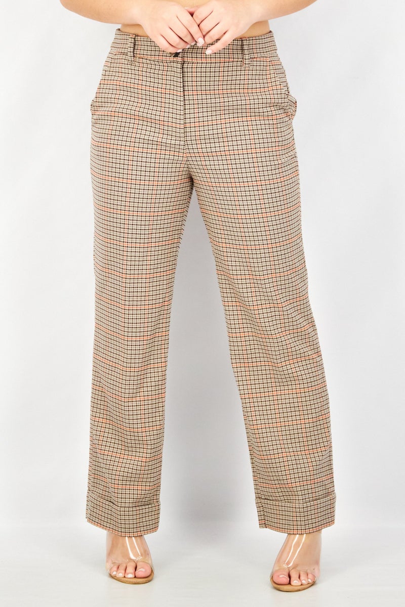 ESPRIT Women Regular Fit Houndstooth Casual Pants, Beige - Image 1