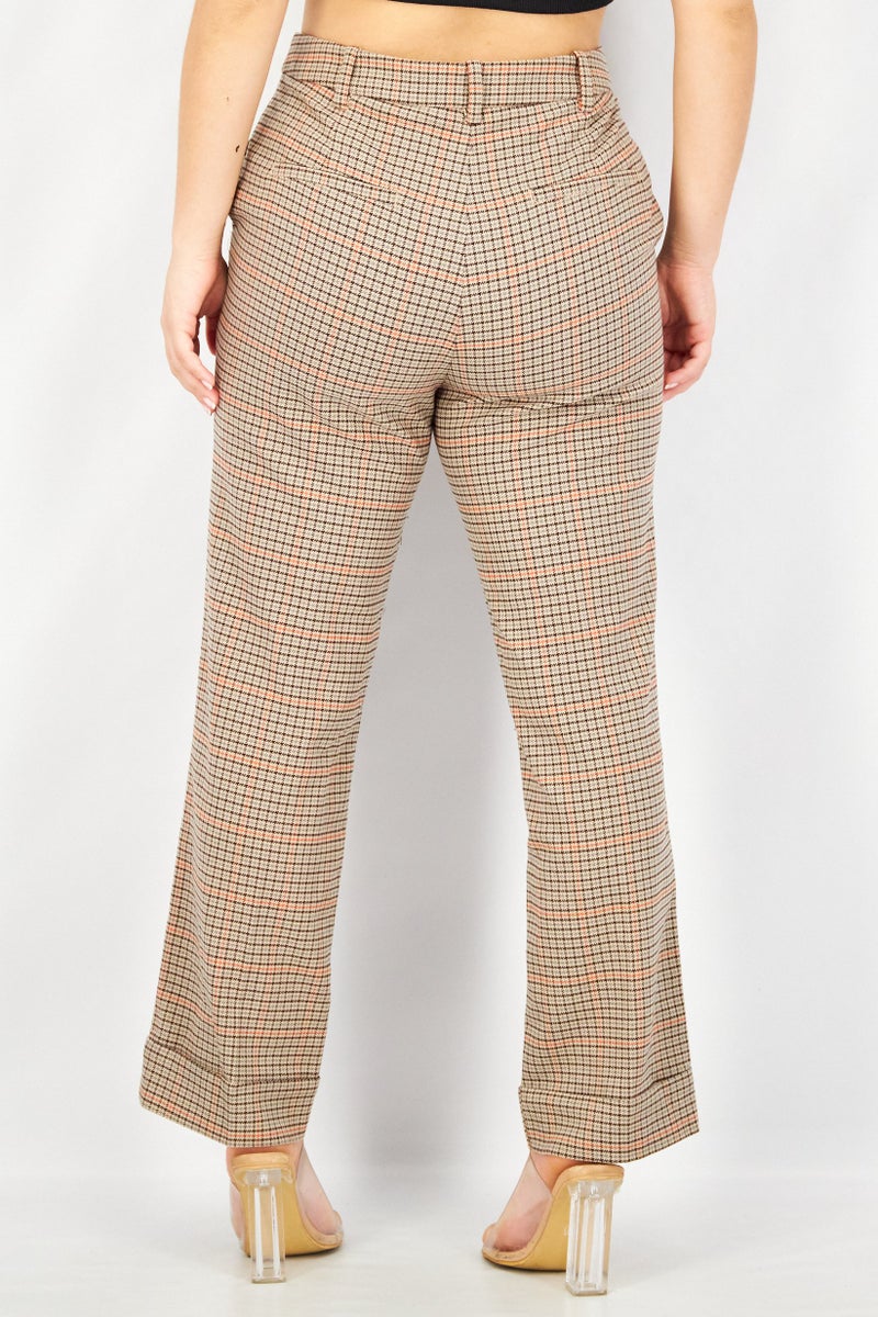 ESPRIT Women Regular Fit Houndstooth Casual Pants, Beige - Image 3