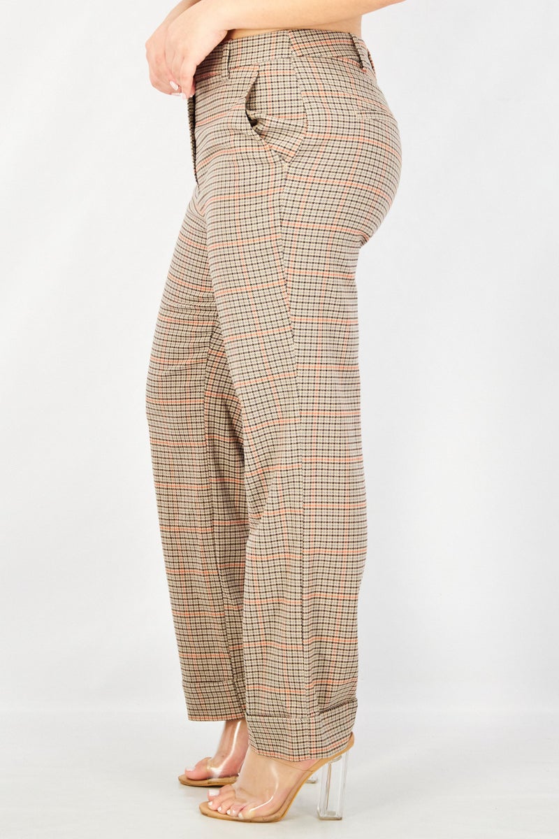 ESPRIT Women Regular Fit Houndstooth Casual Pants, Beige - Image 2