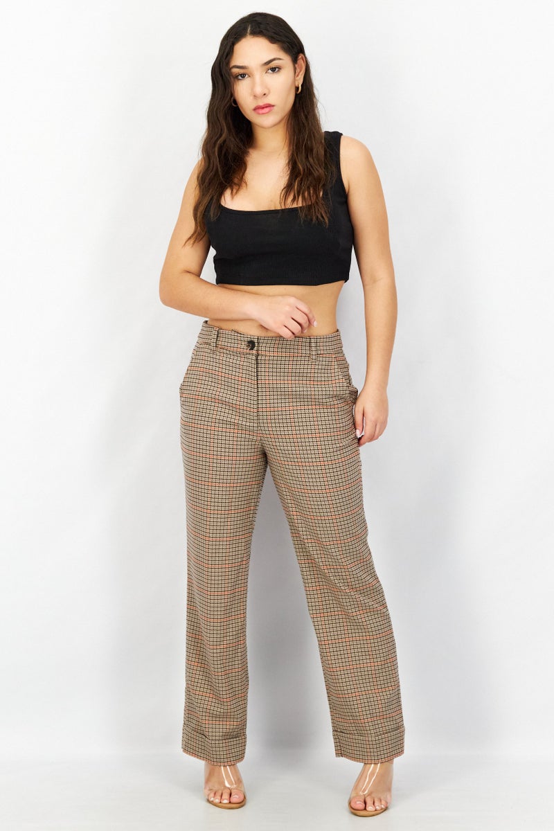 ESPRIT Women Regular Fit Houndstooth Casual Pants, Beige - Image 4