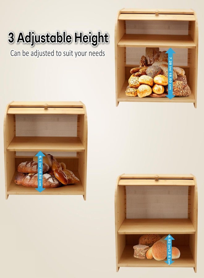 Thalomely Bread Box for Kitchen Countertop, Large 2-Tier Bamboo Bread Storage Container for Homemade Bread, Roll-Top Breadbox Organizer with 3 Adjustable Height for Kitchen Counter, Cabinet, Pantry - Image 4