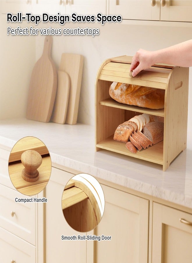 Thalomely Bread Box for Kitchen Countertop, Large 2-Tier Bamboo Bread Storage Container for Homemade Bread, Roll-Top Breadbox Organizer with 3 Adjustable Height for Kitchen Counter, Cabinet, Pantry - Image 5
