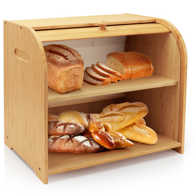 Thalomely Bread Box for Kitchen Countertop, Large 2-Tier Bamboo Bread Storage Container for Homemade Bread, Roll-Top Breadbox Organizer with 3 Adjustable Height for Kitchen Counter, Cabinet, Pantry - Image 1