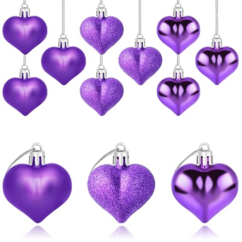 Yuronam 12 PCS Heart Ornaments 3 Different Finishes Heart Shaped Hanging Ornaments for Valentine’s Day Wedding Christmas Tree Mother's Day Anniversary Party Decoration (Purple) - Image 1