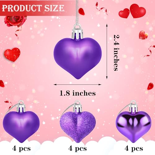 Yuronam 12 PCS Heart Ornaments 3 Different Finishes Heart Shaped Hanging Ornaments for Valentine’s Day Wedding Christmas Tree Mother's Day Anniversary Party Decoration (Purple) - Image 2