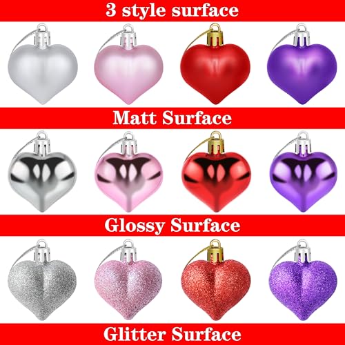 Yuronam 12 PCS Heart Ornaments 3 Different Finishes Heart Shaped Hanging Ornaments for Valentine’s Day Wedding Christmas Tree Mother's Day Anniversary Party Decoration (Purple) - Image 3