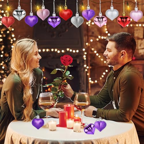 Yuronam 12 PCS Heart Ornaments 3 Different Finishes Heart Shaped Hanging Ornaments for Valentine’s Day Wedding Christmas Tree Mother's Day Anniversary Party Decoration (Purple) - Image 4