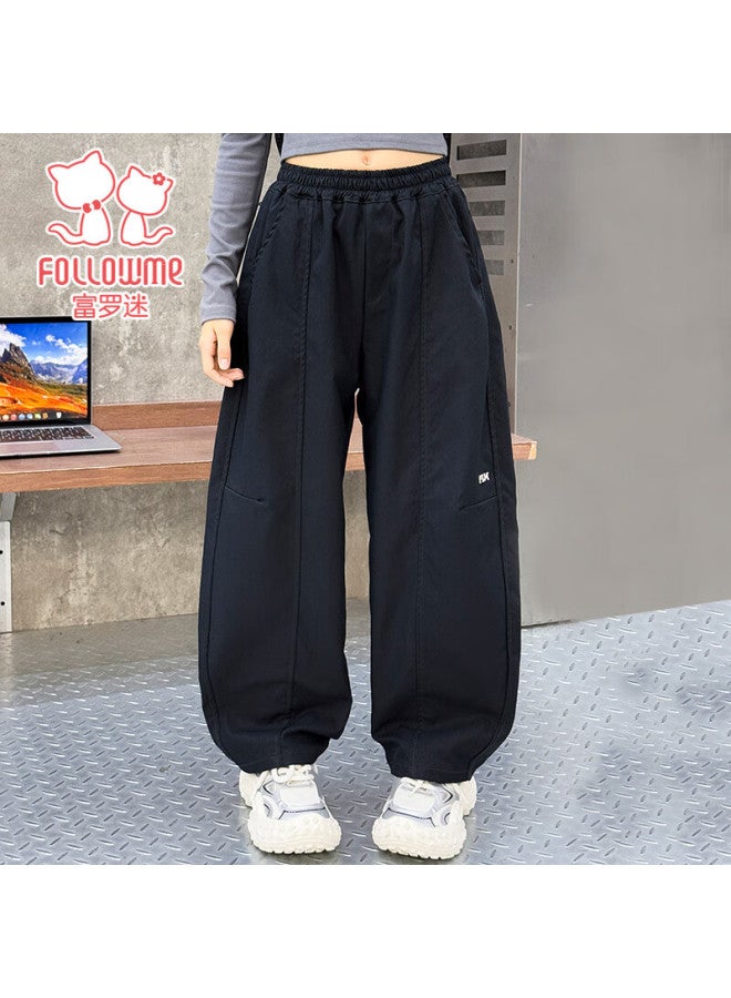 Follow Me Girls' Pants Spring Autumn New Trendy Casual Cargo Pants Loose Fit School Curved Pocket Pants Black 140cm