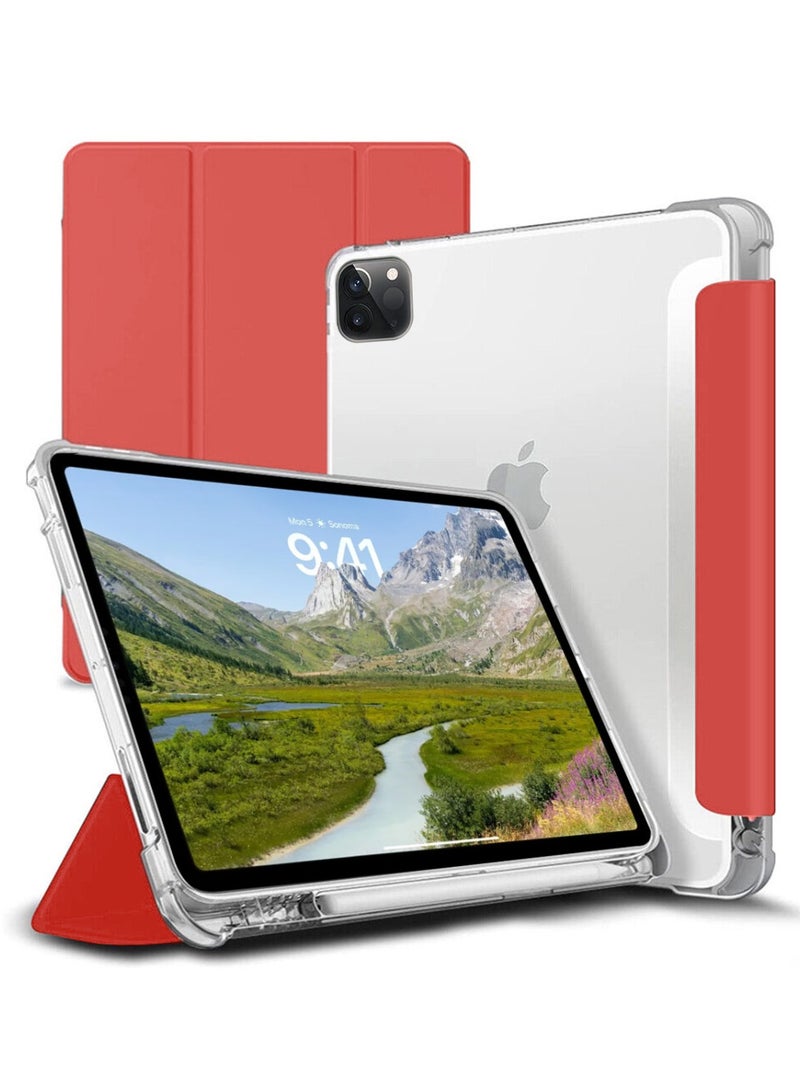 Techie حافظة ذكية قابلة للطي ثلاثية الطي شفافة مع حامل قلم ووظيفة الإيقاظ/السكون التلقائي لجهاز Apple iPad Pro 11 الجيل الرابع 2022/الجيل الثالث 2021/الجيل الثاني 2020/الجيل الأول 2018 مقاس 11 بوصة - أحمر - Image 1