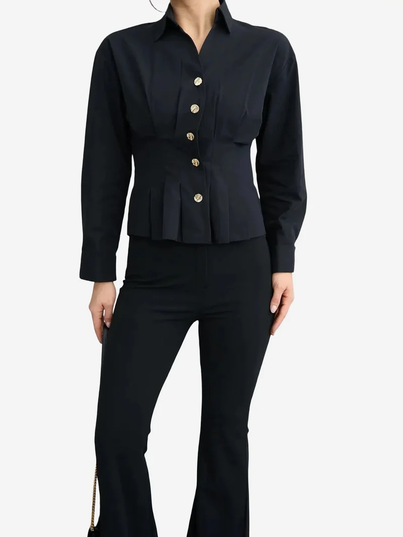 Qustyle QU STYLE Fitted Long Sleeve Shirt with Button Details