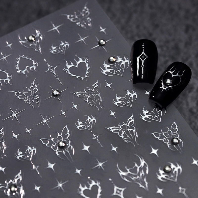 Sevgob 5D Embossed Star Nail Art Stickers - Butterfly, Heart, Silver Star Decals - Self-Adhesive Rhinestone Bling Nail Supplies for Women & Girls - DIY Manicure - Image 2