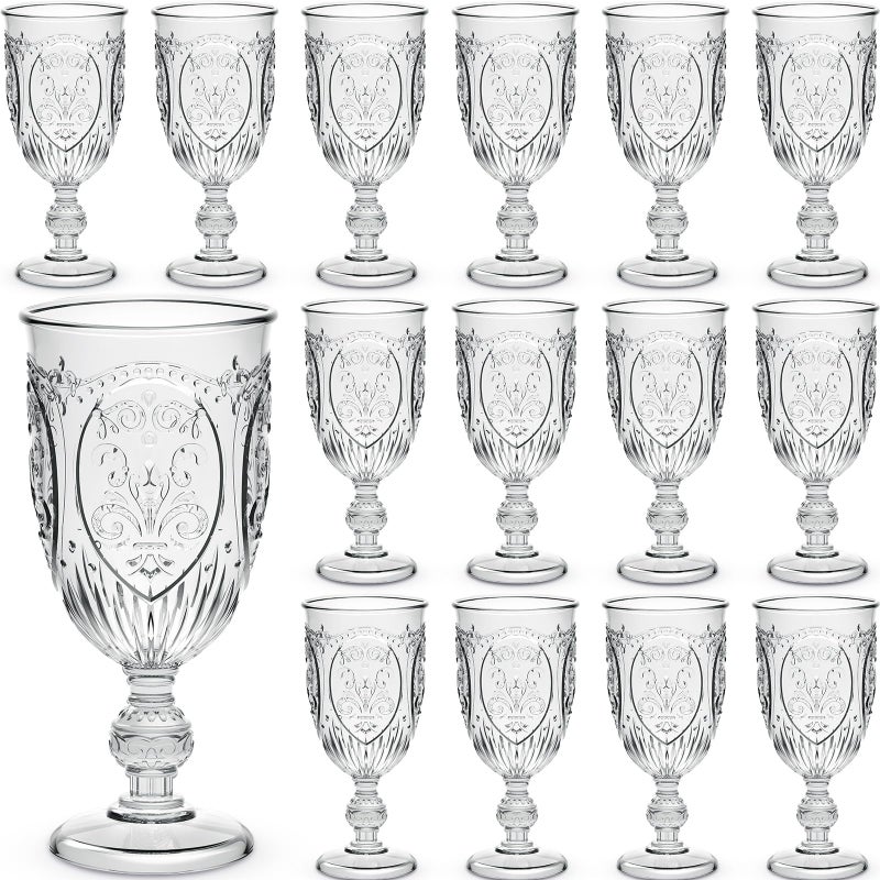 Wiwiqing 24 Pcs Plastic Goblets 75oz Vintage Goblet Plastic Wine Glasses Colored Retro Embossed Water Goblets for Wine Bar Juice Baby Shower Wedding Reception Grand Event Party Clear