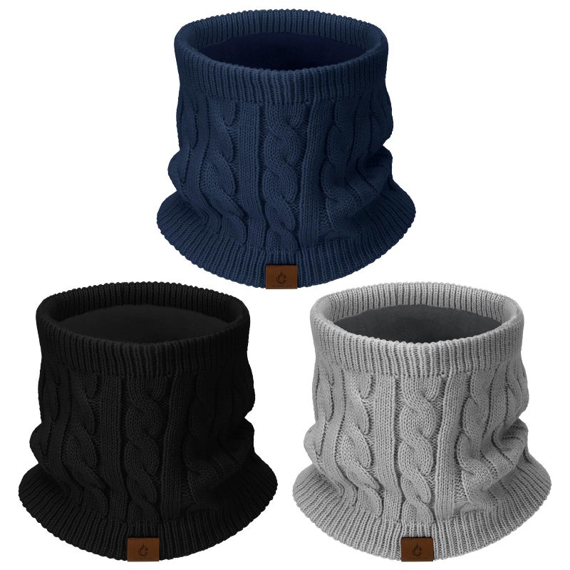 Goocoz Mens Scarf Winter Neck Gaiters 3PCS, Knit Neck Warmer with Thick Fleece Lining Scarves, Cold Weather Gear for Men Ski, Black/Grey/Blue, M - Image 1