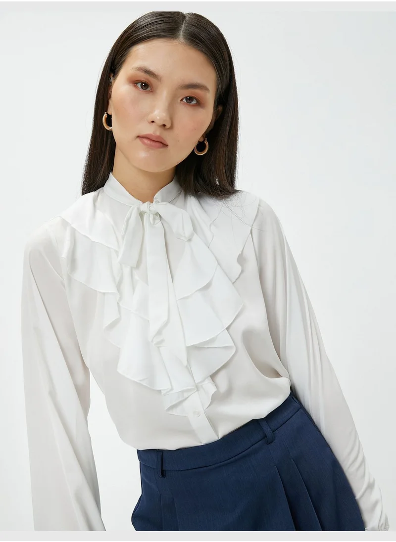 كوتون Frilled Neck Long Sleeve Blouse