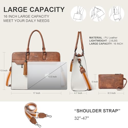 Shrrie 17 inch Laptop Bag for Women,Water-Resistant Work Bag LaptopTote Bag,Professional Business Tote for Office,Travel,College-Fits 15.6 Laptop&Tablet,Briefcase with Satchel Purse,Beige with Brown - Image 4
