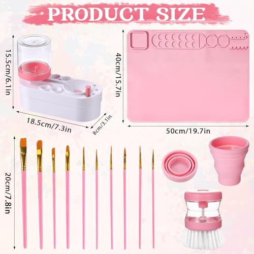 Naozinebi Painting Station Paint Brush Cleaner 20X16 Silicone Paintings Mat with Cup and Paint Holder 10 Paintings Brushes Childrens Painting Set Art Supplies for Kids End of Year Gifts DIY Crafts Pink - Image 3