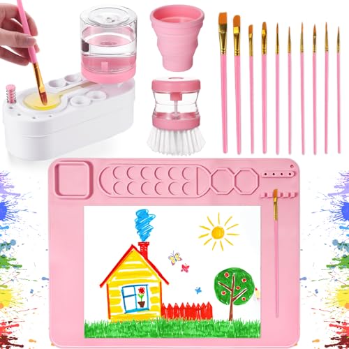 Naozinebi Painting Station Paint Brush Cleaner 20X16 Silicone Paintings Mat with Cup and Paint Holder 10 Paintings Brushes Childrens Painting Set Art Supplies for Kids End of Year Gifts DIY Crafts Pink - Image 1