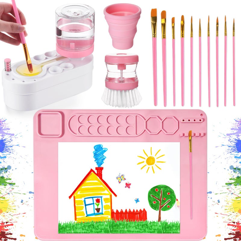 Naozinebi Painting Station Paint Brush Cleaner 20X16 Silicone Paintings Mat with Cup and Paint Holder 10 Paintings Brushes Childrens Painting Set Art Supplies for Kids End of Year Gifts DIY Crafts Pink - Image 2