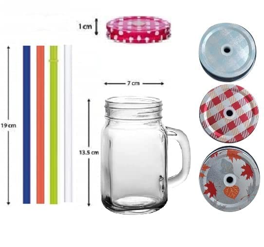 IndusBay Pack of 6 Glass Mason Sipper Jar with Straw Print Lid Glass Sipper with Silicone Straw Drinking Cup for Kids Boys Girls for Milk Juice Cold Coffee 490 ML Clear - Image 3