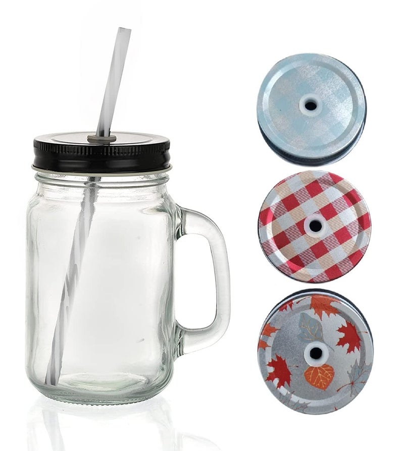 IndusBay Pack of 6 Glass Mason Sipper Jar with Straw Print Lid Glass Sipper with Silicone Straw Drinking Cup for Kids Boys Girls for Milk Juice Cold Coffee 490 ML Clear - Image 4