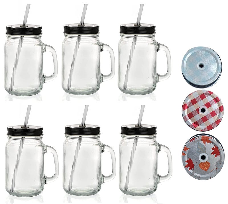 IndusBay Pack of 6 Glass Mason Sipper Jar with Straw Print Lid Glass Sipper with Silicone Straw Drinking Cup for Kids Boys Girls for Milk Juice Cold Coffee 490 ML Clear - Image 1