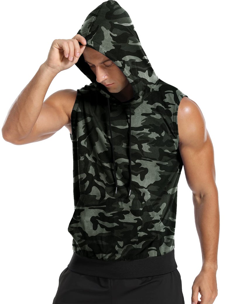 Amussiar Men's Muscle Hooded Tank Tops Camo Printed Sleeveless Gym Hoodie Gym Muscle Tees Sports Workout Shirts - Image 2