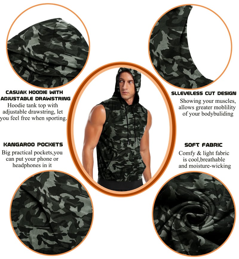 Amussiar Men's Muscle Hooded Tank Tops Camo Printed Sleeveless Gym Hoodie Gym Muscle Tees Sports Workout Shirts - Image 5