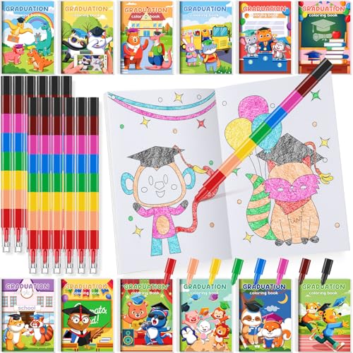 BenLouis 24 Kindergarten Graduation Mini Coloring Books Kids with 24 Stacking Crayons Preschool Party Favors Activity Books Bulk for Kids Student Grad Party Goodie Bag Gift Stuffer Classroom Reward - Image 1