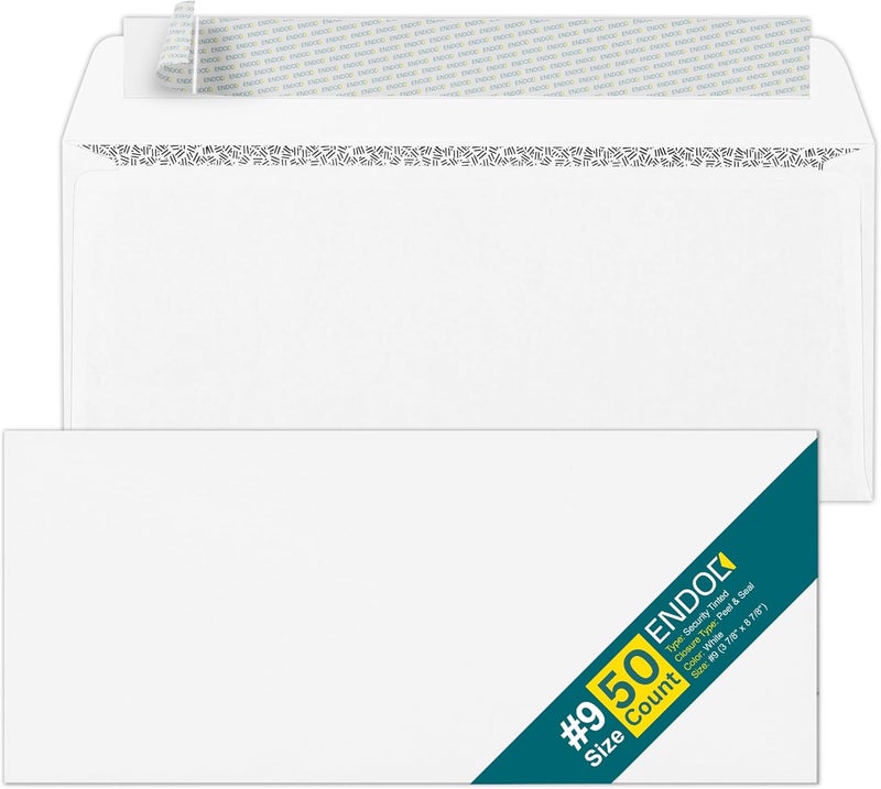 EnDoc #9 Envelopes Self Seal - 50 Pack - Security Tinted 3 7/8" x 8 7/8" Business Envelopes Peel & Seal for Mailing Letter Size - Legal for Invoices, Statements - 24lb White Plain - Image 1
