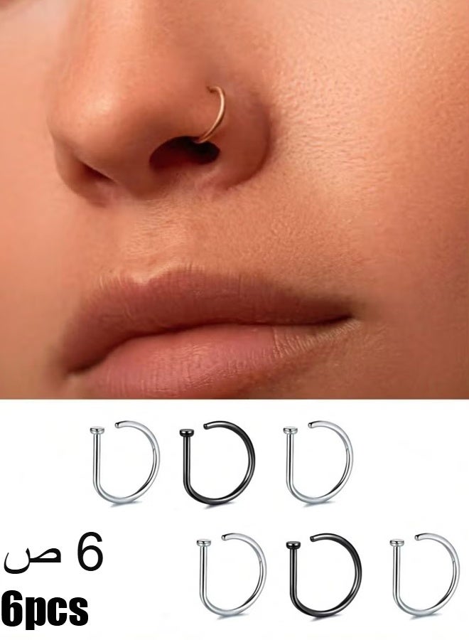 هابي دي 6 قطع نسائية خاتم ثقب الأنف المزيف (Silve & Silver & Black) Hoop Septum مشبك أنف غير ثقب من الفولاذ المقاوم للصدأ - Image 1