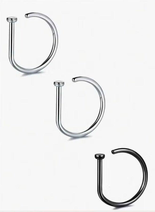 هابي دي 6 قطع نسائية خاتم ثقب الأنف المزيف (Silve & Silver & Black) Hoop Septum مشبك أنف غير ثقب من الفولاذ المقاوم للصدأ - Image 2