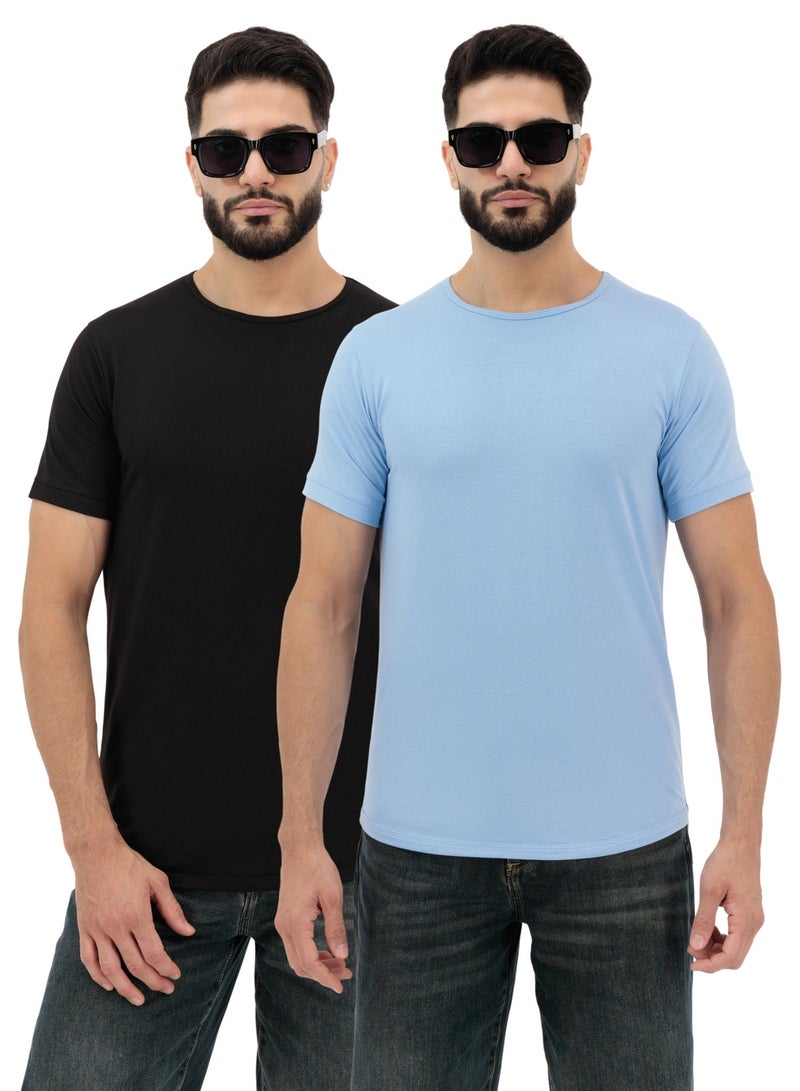 Vasl Hub VaslHub Plain T-Shirts for Men – Cotton Crew Neck Regular Fit – Pack of 2 – Black & Mist - Image 1