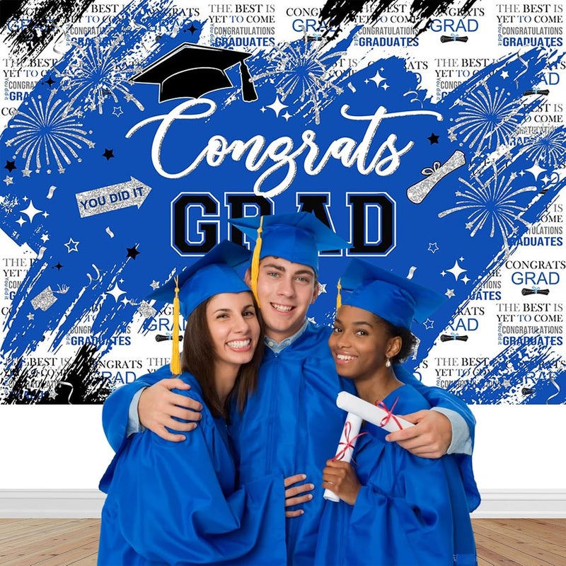 Mocsicka Graduation Backdrop Congrats Grad Blue and Sliver Graduate Party Decorations Background Class of 2023 Photography Backdrops (Blue, 7x5ft) - Image 3