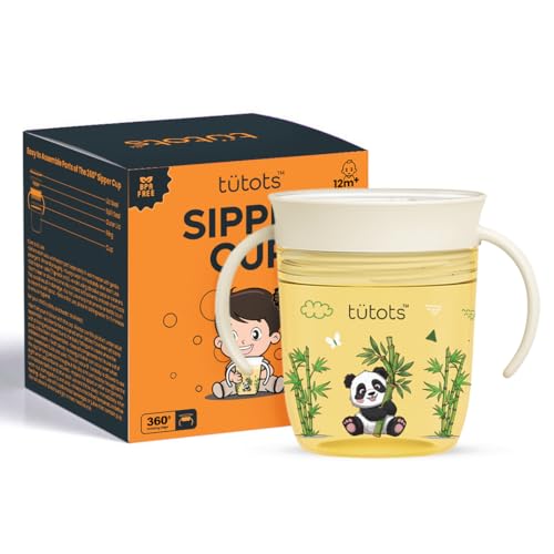tütots 360° Soft Trainer Sipper, 210ml, Dual Handle Leakproof & spillproof Sippy Cup for Kids, Easy-Grip Handles, BPA-Free, Ergonomic Design | Panda (Yellow) - Image 1