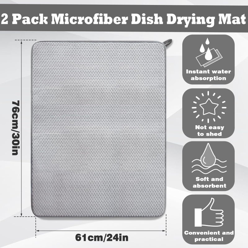 Baaxxango 2 Pack Extra Large Microfiber Dish Drying Mat,30 x 24 Inch Super Absorbent Drying Pad,Large Size Dish Drying Mat for Countertops,Sinks,Draining Racks,Gray - Image 2
