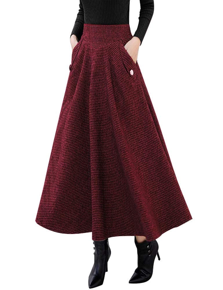 IDEALSANXUN Christmas Skirt Christmas Outfits Clothes Gifts 2023 Fall Winter High Waisted Wool Tweed Long Red Plaid Dress, Wine, XL - Image 1