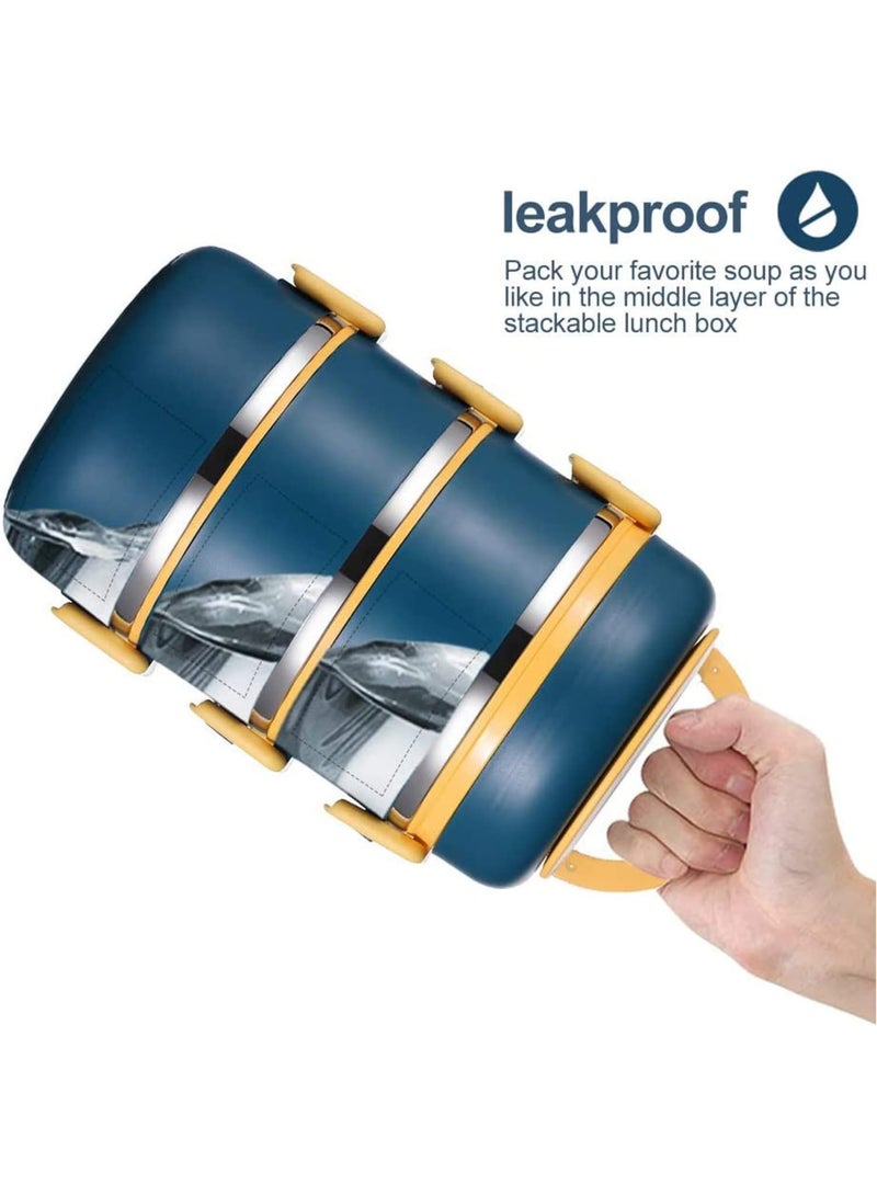 TOMSHOO صندوق غداء بينتو من الفولاذ المقاوم للصدأ للأطفال في المدرسة، صندوق غداء ترمس قابل للتكديس من 3 طبقات مع حقيبة غداء معزولة وملعقة وشوكة، حاويات طعام حرارية مانعة للتسرب للعمل والتخييم للبالغين (4 طبقات) - Image 4