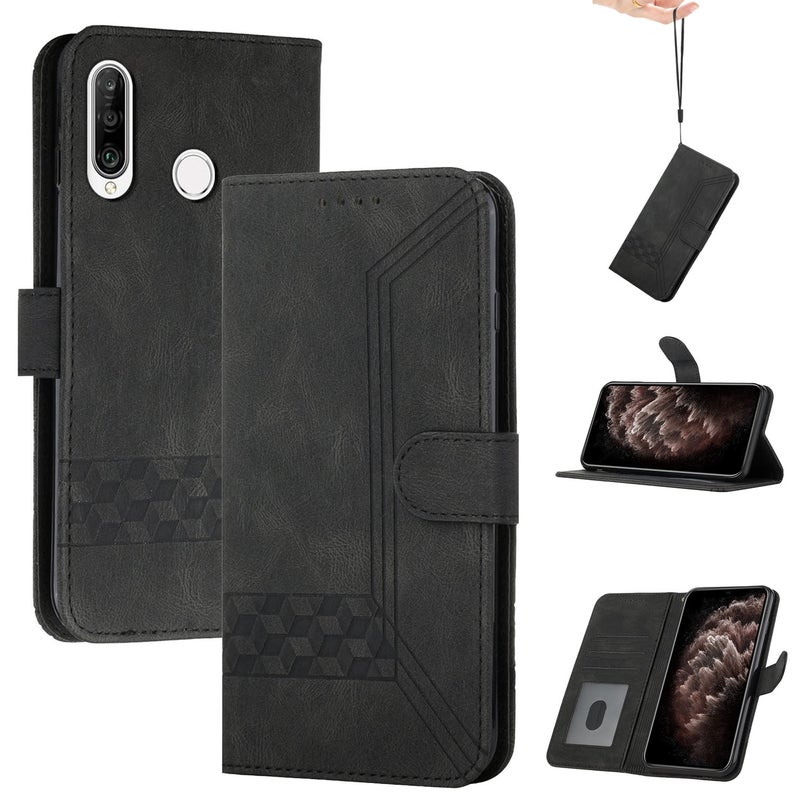 HuHa Protective Cover For Huawei P30 Lite Cubic Skin Feel Flip Leather Phone Case(Black) - Image 1
