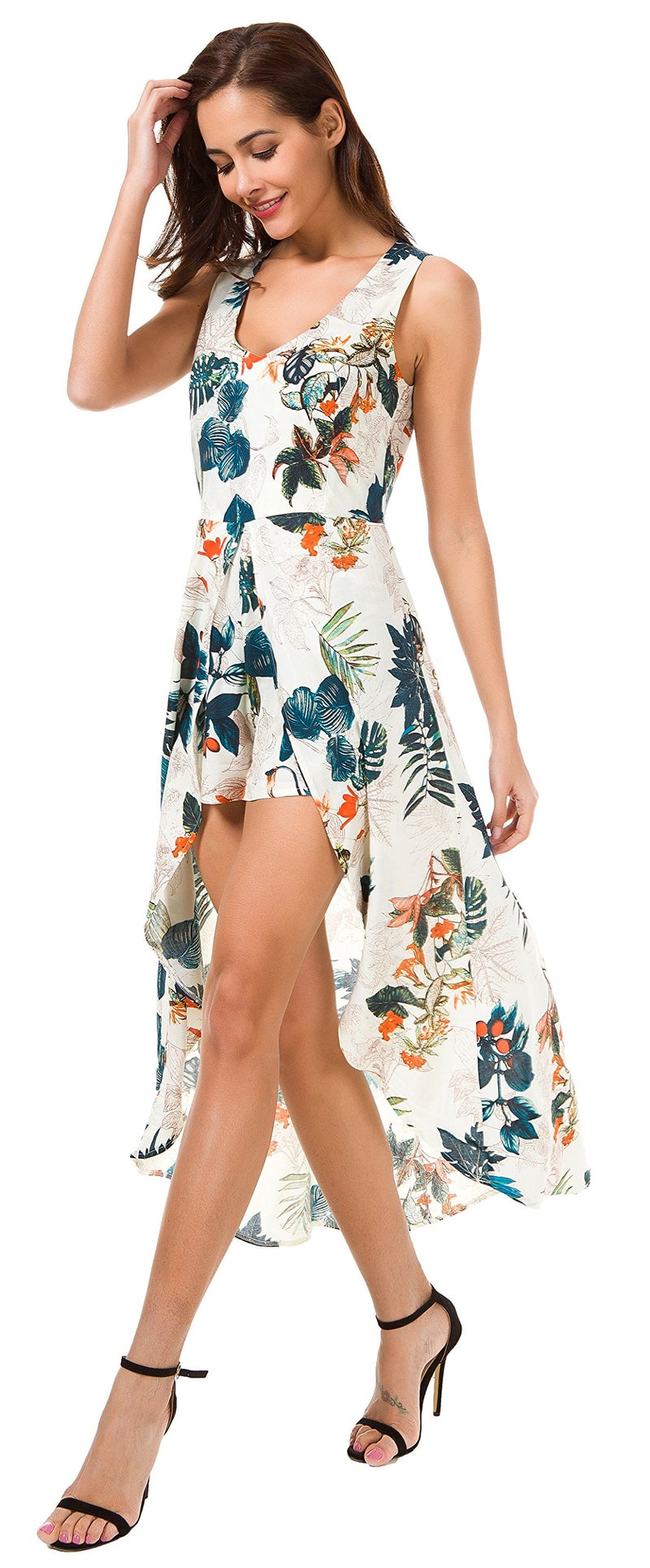 Kormei Womens Sleeveless Scoop Neck Floral Rayon Party Split Maxi Romper Dress XS Apricot&Blue - Image 3