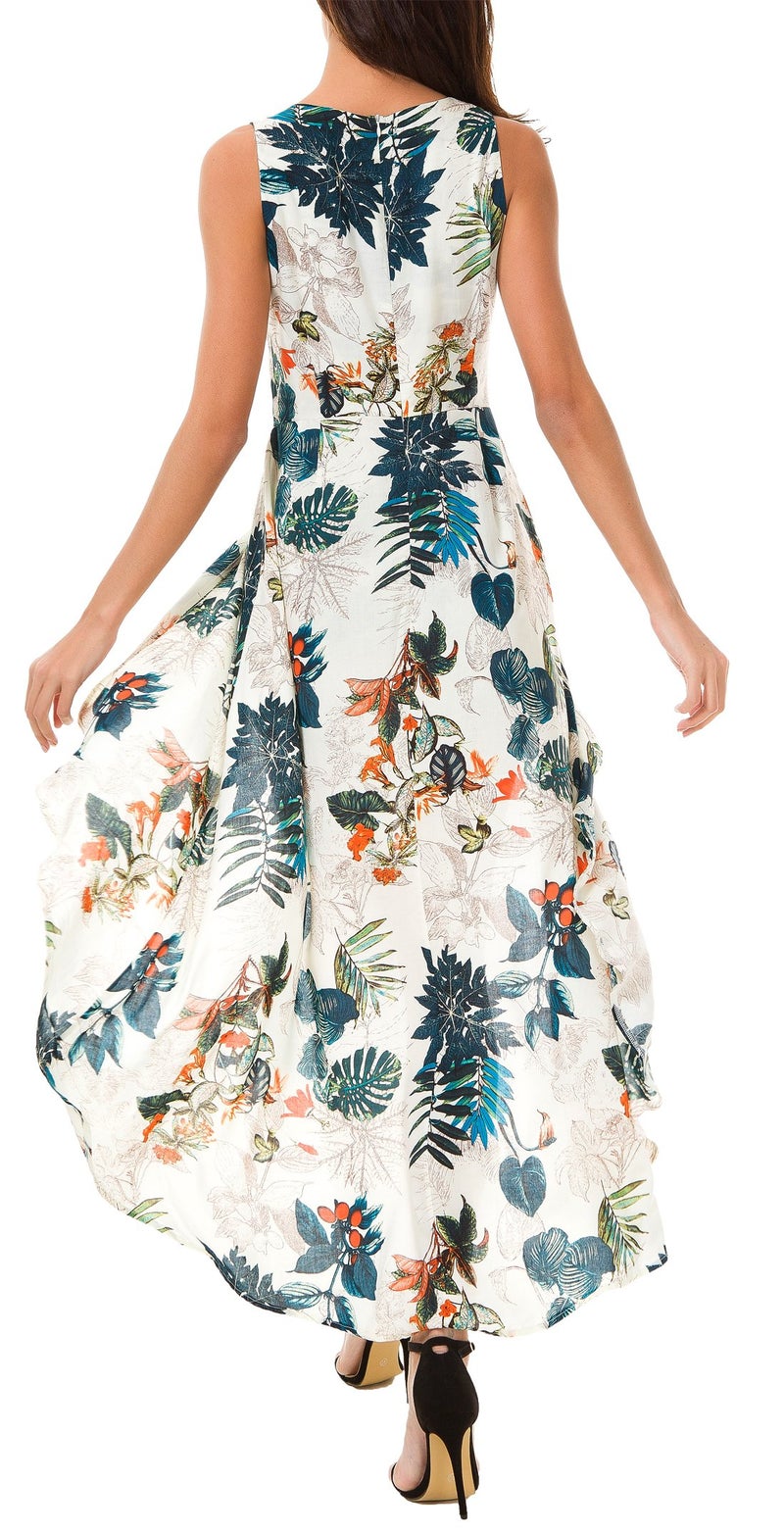 Kormei Womens Sleeveless Scoop Neck Floral Rayon Party Split Maxi Romper Dress XS Apricot&Blue - Image 4