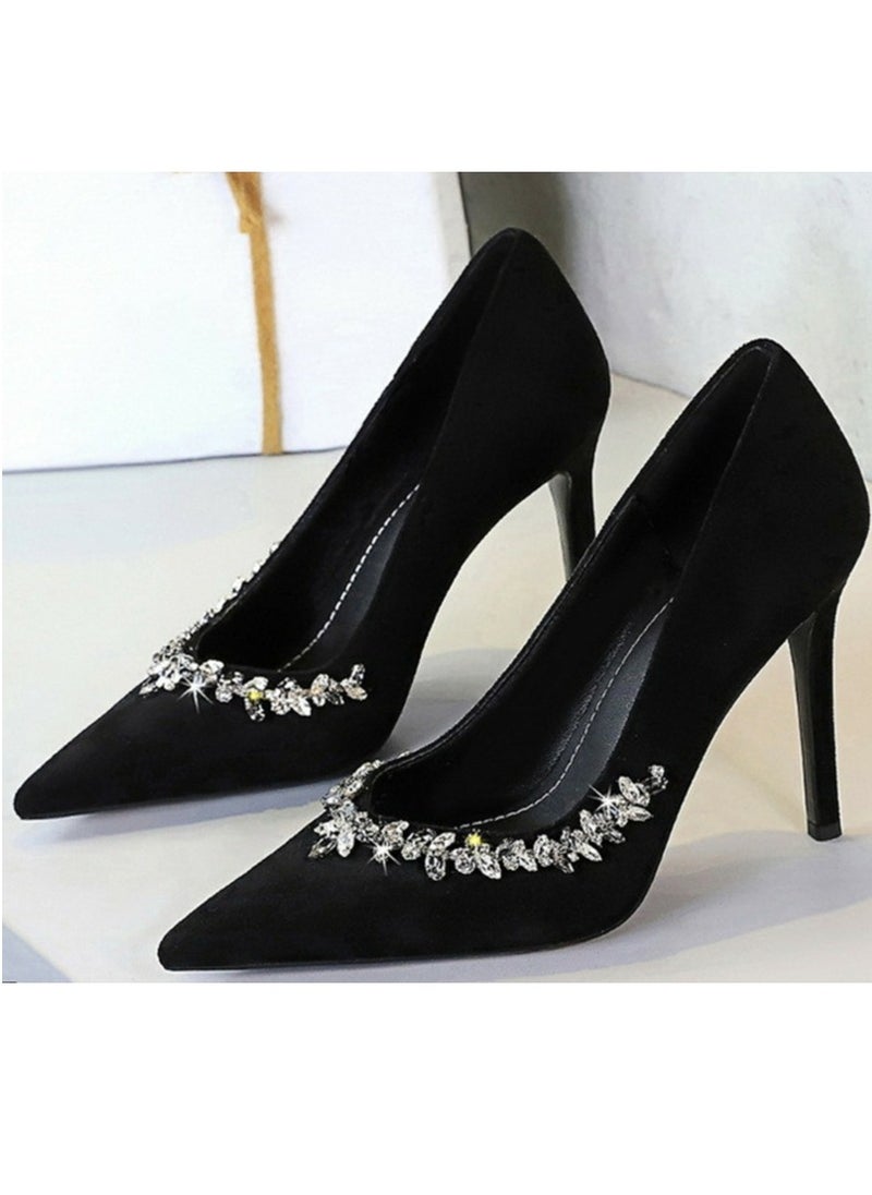 BIGTREE Women's Elegant Closed Pointed Toe High Heels Rhinestone Decoration  Stiletto Pumps Black 10CM  - Image 1