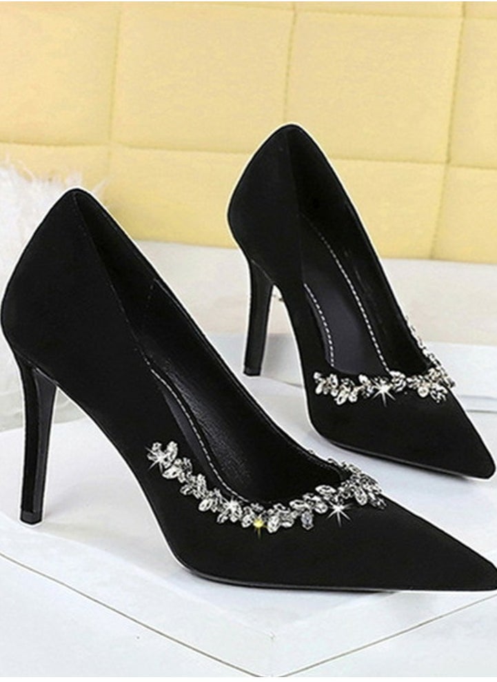 BIGTREE Women's Elegant Closed Pointed Toe High Heels Rhinestone Decoration  Stiletto Pumps Black 10CM  - Image 2