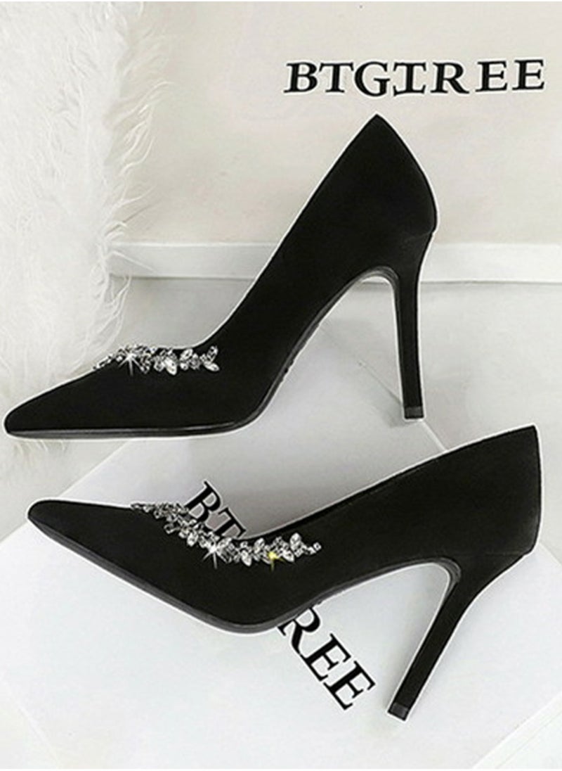 BIGTREE Women's Elegant Closed Pointed Toe High Heels Rhinestone Decoration  Stiletto Pumps Black 10CM  - Image 3