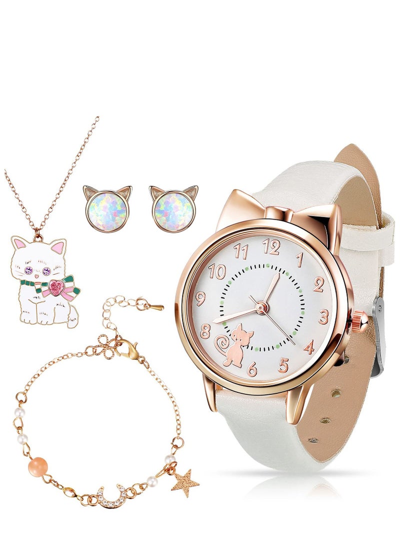 Sweet seven Adorable Kids' Cat Watch and Silver Plated Jewellery Set - Includes PU Strap Watch, Cute Cat Necklace, Bracelet and Cartoon Cat Ear Clip - Perfect for Girls' Birthdays White - Image 1