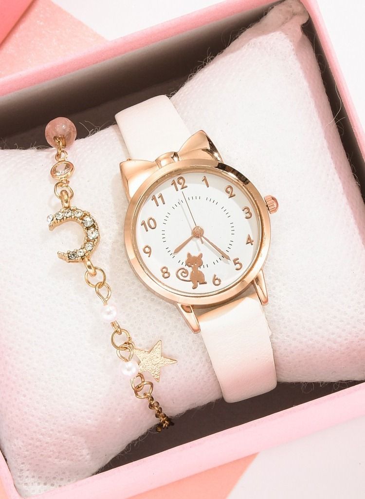 Sweet seven Adorable Kids' Cat Watch and Silver Plated Jewellery Set - Includes PU Strap Watch, Cute Cat Necklace, Bracelet and Cartoon Cat Ear Clip - Perfect for Girls' Birthdays White - Image 2