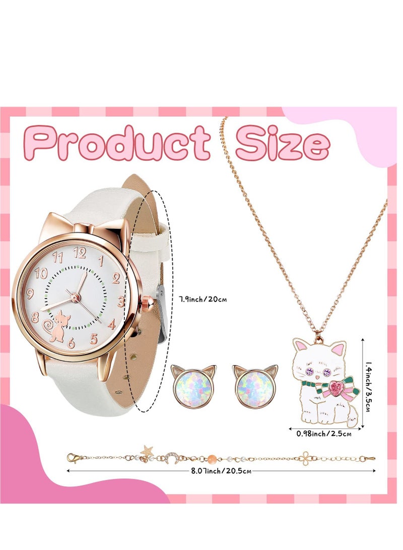 Sweet seven Adorable Kids' Cat Watch and Silver Plated Jewellery Set - Includes PU Strap Watch, Cute Cat Necklace, Bracelet and Cartoon Cat Ear Clip - Perfect for Girls' Birthdays White - Image 5
